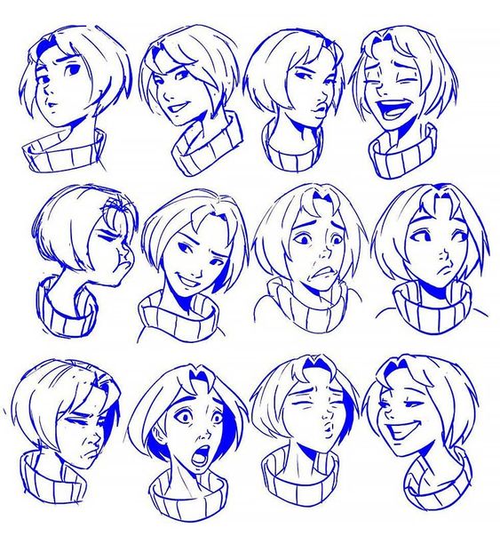 Sketches of a female character with a bob haircut in various facial expressions, drawn in blue ink.