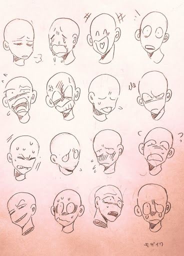 Illustration of twelve cartoon facial expressions, ranging from happy to sad to angry, displayed on a pinkish background.