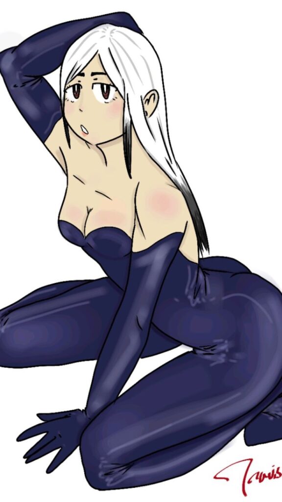 Anime-style character with long white hair in a dark blue, form-fitting outfit, crouching with one hand behind their head. Signature "Tsuruvis" is at the bottom right.