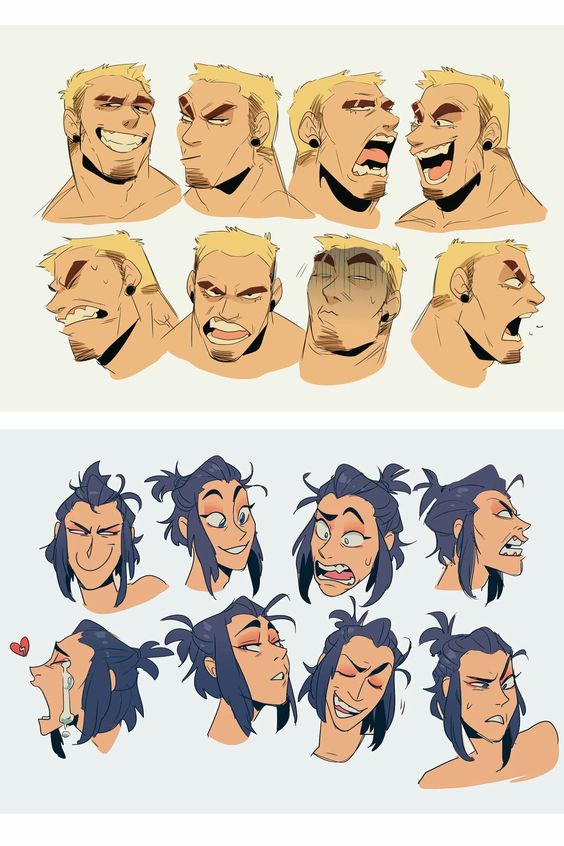 Illustration of two characters expressing various emotions, with nine panels for each: one male with blond hair, one female with dark hair, showing expressions like happiness, anger, and surprise.