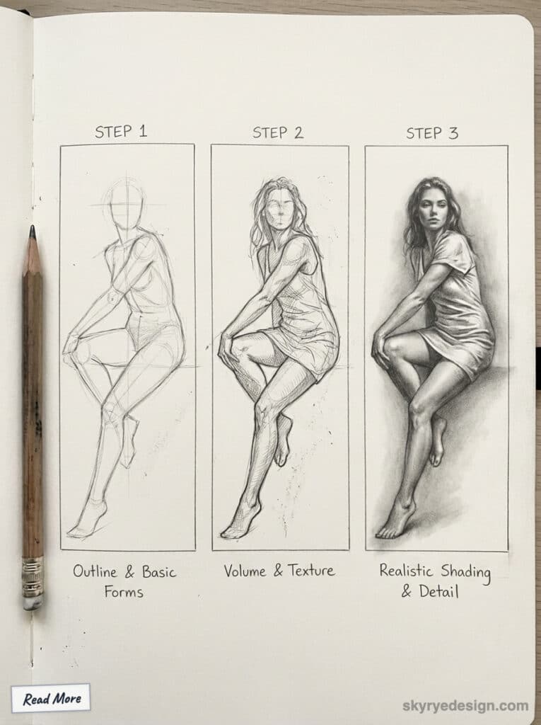 Frame 427321138 Three-step pencil drawing tutorial: outlines, volume and texture, and realistic shading for a lifelike portrait sketch. | Sky Rye Design Three-step pencil drawing tutorial: outlines, volume and texture, and realistic shading for a lifelike portrait sketch.