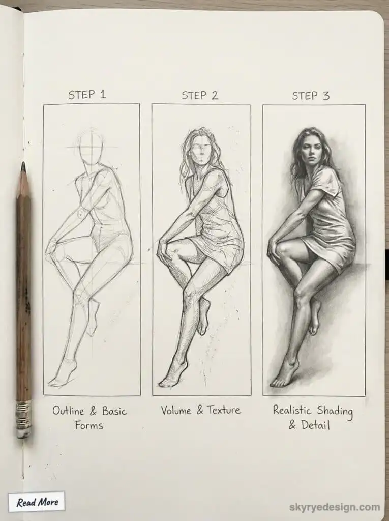 Three-step pencil drawing tutorial: outlines, volume and texture, and realistic shading for a lifelike portrait sketch.