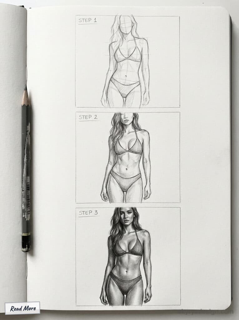 Frame 427321139 Pencil sketches of a woman in three steps: outline, detailed drawing, and shaded artwork on a sketchpad with a pencil on the side. | Sky Rye Design Pencil sketches of a woman in three steps: outline, detailed drawing, and shaded artwork on a sketchpad with a pencil on the side.
