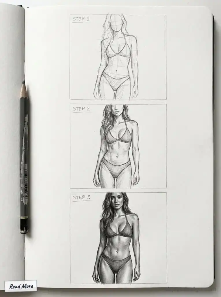Pencil sketches of a woman in three steps: outline, detailed drawing, and shaded artwork on a sketchpad with a pencil on the side.