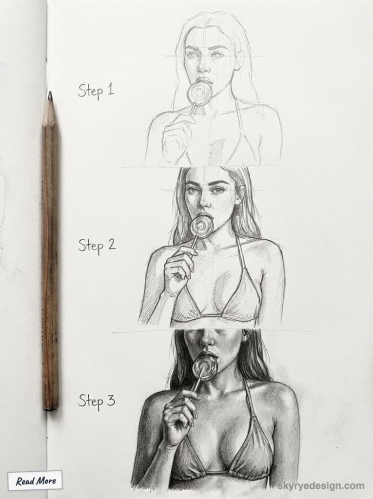 Frame 427321140 Three-step pencil drawing tutorial of a woman with a lollipop, progressing from a simple sketch to a detailed, shaded illustration. | Sky Rye Design Three-step pencil drawing tutorial of a woman with a lollipop, progressing from a simple sketch to a detailed, shaded illustration.