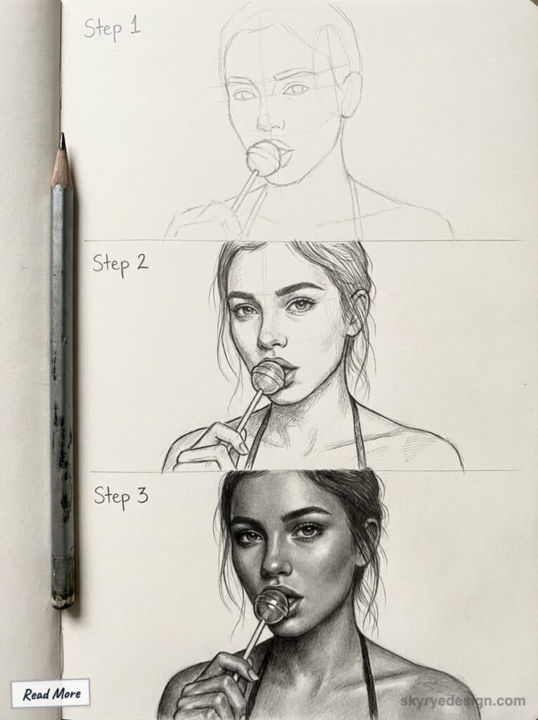 Frame 427321141 Drawing tutorial: Three-step pencil sketch progression of a woman with a lollipop, showcasing artistic detail enhancement. | Sky Rye Design Drawing tutorial: Three-step pencil sketch progression of a woman with a lollipop, showcasing artistic detail enhancement.