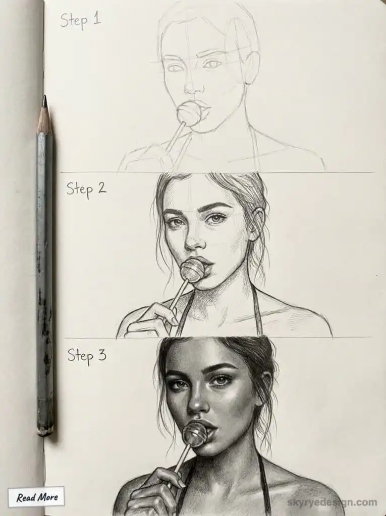 Drawing tutorial: Three-step pencil sketch progression of a woman with a lollipop, showcasing artistic detail enhancement.