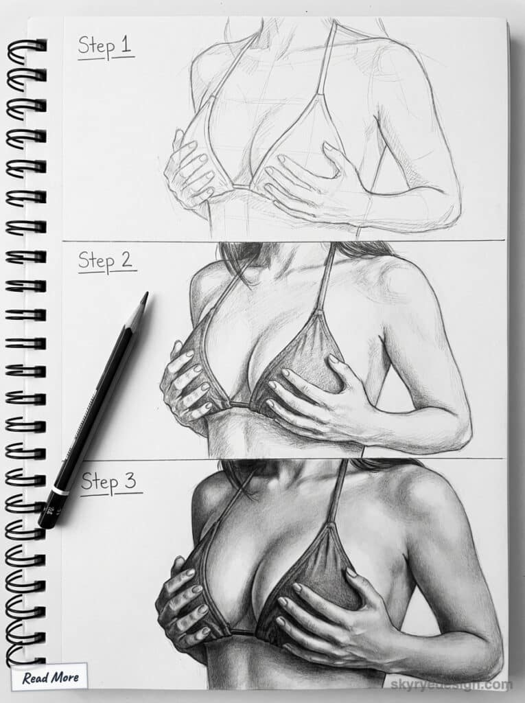 Frame 427321142 Three-step pencil drawing tutorial of a woman in a bikini, showing progress from sketch to detailed shading with a pencil beside the sketchbook. | Sky Rye Design Three-step pencil drawing tutorial of a woman in a bikini, showing progress from sketch to detailed shading with a pencil beside the sketchbook. spicy drawing poses