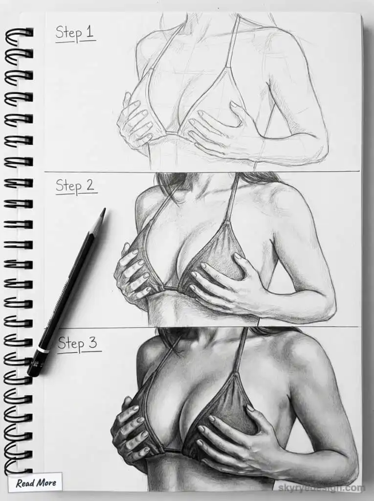 Three-step pencil drawing tutorial of a woman in a bikini, showing progress from sketch to detailed shading with a pencil beside the sketchbook. spicy drawing poses