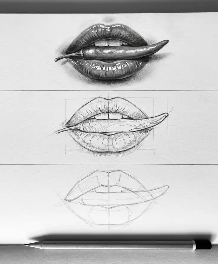 Three-step pencil drawing of lips with a chili pepper, showing progression from sketch to detailed shading. Art process concept.