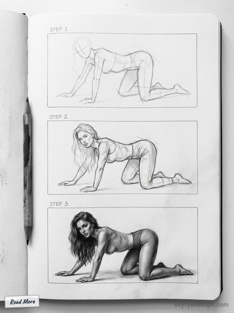 Frame 427321144 Step-by-step pencil sketch progression of a woman in a crawling pose, from rough outlines to detailed shading in a sketchbook. | Sky Rye Design Step-by-step pencil sketch progression of a woman in a crawling pose, from rough outlines to detailed shading in a sketchbook.