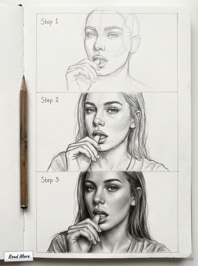 Frame 427321145 Step-by-step pencil drawing tutorial showing the gradual progression from sketch to detailed portrait of a woman holding a finger near lips. | Sky Rye Design Step-by-step pencil drawing tutorial showing the gradual progression from sketch to detailed portrait of a woman holding a finger near lips.