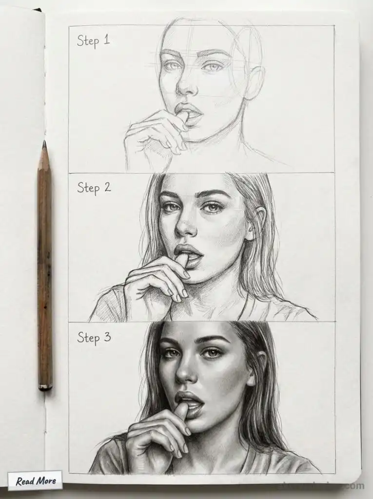 Step-by-step pencil drawing tutorial showing the gradual progression from sketch to detailed portrait of a woman holding a finger near lips.