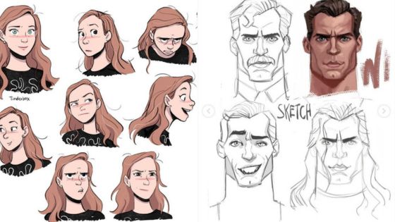 Artistic sketches of two characters, showing various facial expressions and angles. the left side features a woman, the right side a man, both in a realistic sketch style.