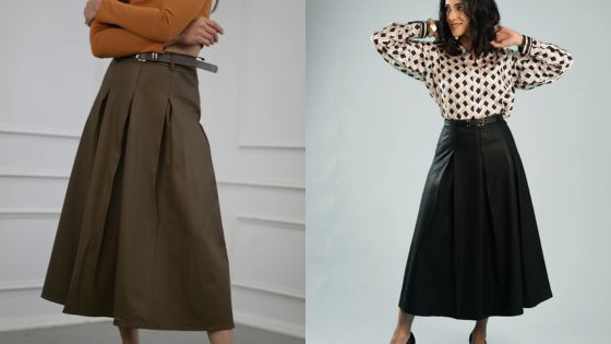 Split image showing two women modeling mid-length skirts; one in an olive pleated skirt, the other in a black leather skirt.