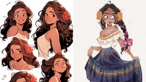 Illustrations of a young woman with curly hair, depicted in several poses and outfits, including a floral dress.