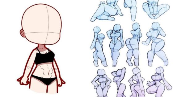 Illustration showing a step-by-step tutorial on drawing a female character in various poses, starting with a basic figure sketch.