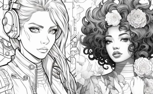 Two detailed illustrations of women, one wearing headphones in a futuristic outfit, and the other adorned with floral elements in her voluminous curly hair.