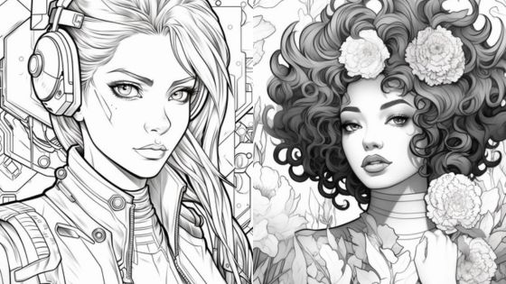 Two detailed illustrations of women, one wearing headphones in a futuristic outfit, and the other adorned with floral elements in her voluminous curly hair.