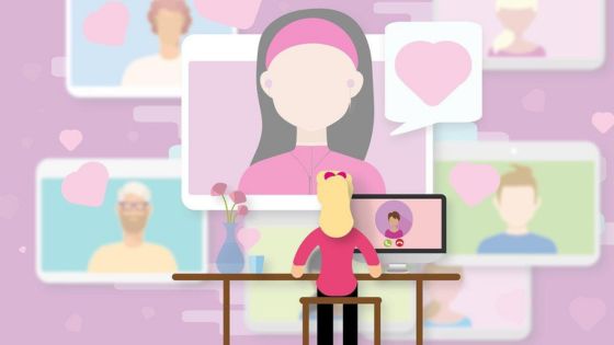 Person sitting at a desk using a computer to participate in a videoconference, with multiple screens showing various individuals and heart icons on a pink background.