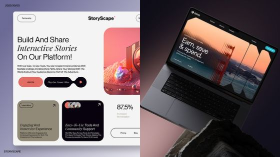 Split image with a webpage on the left showing a design platform's features, and a laptop on the right displaying a financial app with the text "Earn, save & spend.