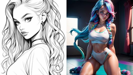 Left: Black and white drawing of a woman with wavy hair looking over her shoulder. Right: Color image of a woman with multicolored hair in a sports outfit, kneeling in a room with natural light.