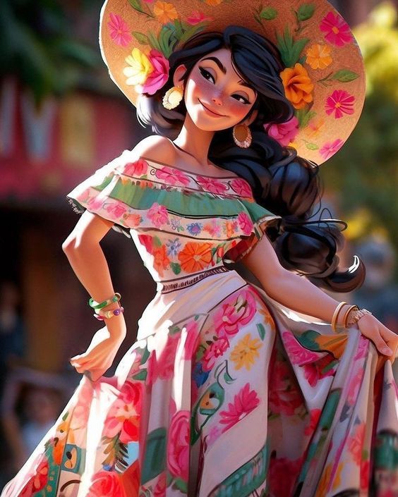 Animated character, a woman with long dark hair, wearing a colorful floral dress and a large hat adorned with flowers, smiling in a sunlit setting.