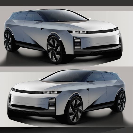 Two renderings of a futuristic, silver SUV with sleek lines and darkened windows are shown side by side, highlighting the vehicle's modern design and angular features.
