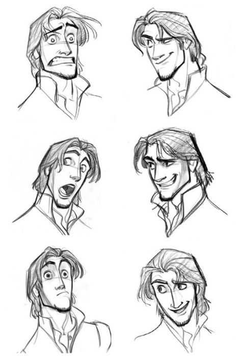 Eight pencil sketches of a male animated character showing different facial expressions, including smiling and surprise.