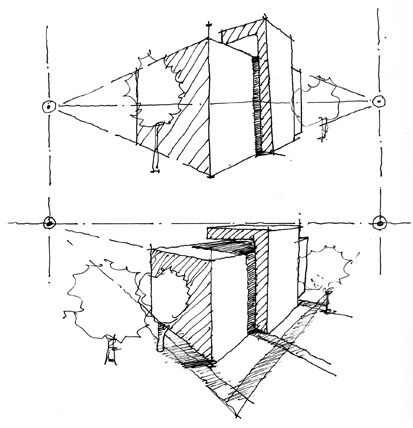 Two hand-drawn architectural sketches of a modern building from different angles, featuring two adjacent rectangular structures with surrounding trees and a person for scale.