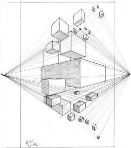 A pencil drawing showing multiple cubes of various sizes arranged in 3D space, converging towards two vanishing points on either side of the image.