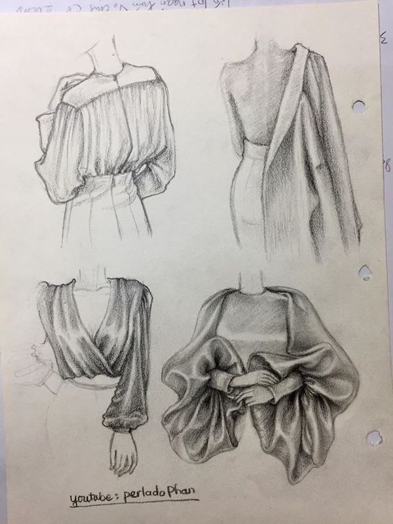 A set of fashion design sketches depicting four different clothing designs focusing on draped fabric styles, all shown on torso mannequins.