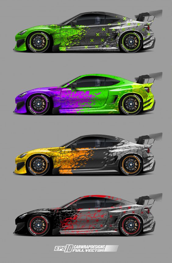 Four illustrated sports cars with different vibrant wrap designs: green and black, purple and green, orange and black, and red and gray. Each car features a racing spoiler and custom wheels.