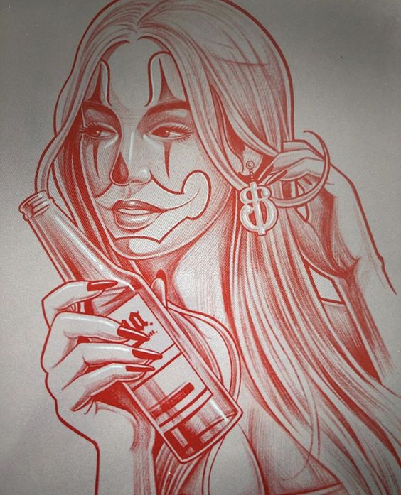 Red pencil drawing of a woman holding a soda bottle, featuring detailed hair and a stylish earring.