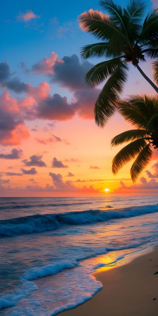 A serene beach scene at sunset with calm waves, silhouetted palm trees, and a colorful sky blending hues of orange, pink, and blue as the sun sets over the horizon.
