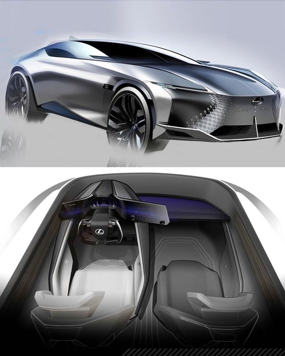 A sleek concept car design featuring a futuristic exterior and a minimalistic, high-tech interior layout with two modern seats and a streamlined dashboard.