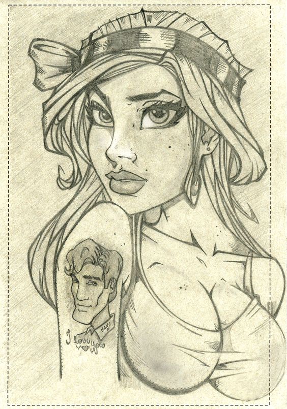 Pencil sketch of a woman with a headband, freckles, and a tattoo of a man's portrait on her shoulder, featuring detailed shading and facial expression.
