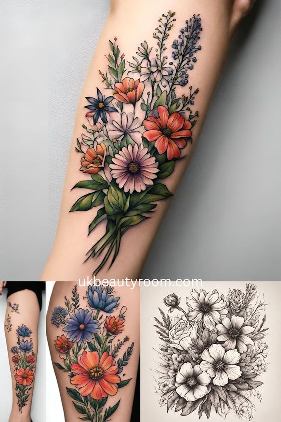 A detailed floral tattoo featuring various colorful flowers and greenery on an arm. The image also shows a black and white sketch of the tattoo design and another angle of the colored tattoo.