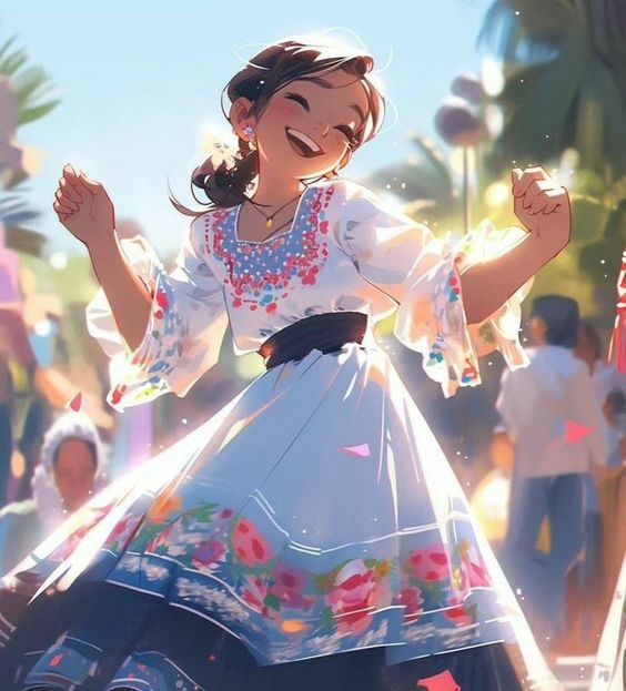 A joyful animated girl in a traditional floral dress and beads dances under sunlight, surrounded by festive confetti.