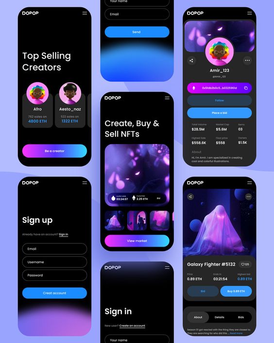 A user interface design of a mobile app for creating, buying, and selling NFTs. The screens showcase top creators, a sign-up page, and NFT details with vibrant neon colors and dark backgrounds.