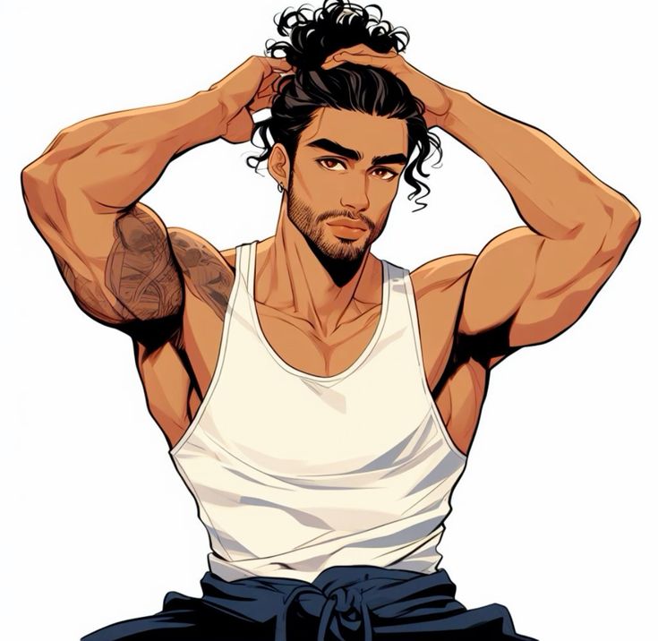 Illustration of a muscular man with curly black hair, tying it up while wearing a white tank top and navy blue pants, showcasing detailed tattoos on his arm.