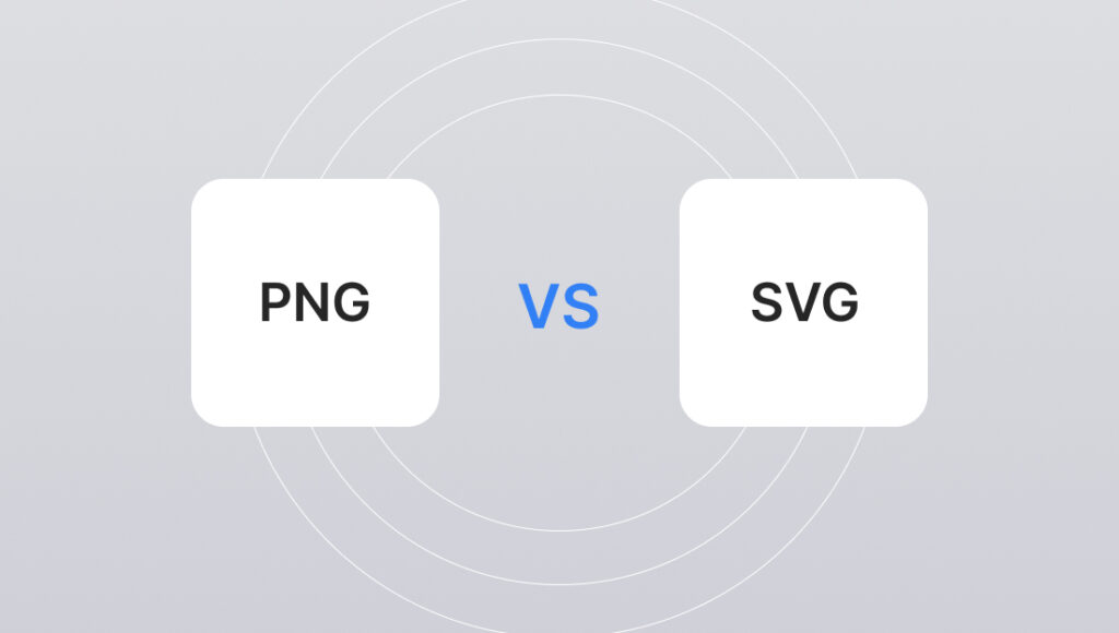 Graphic comparing png and svg file formats, labeled "png vs svg" in blue text, centered between two labeled squares against a gray background.