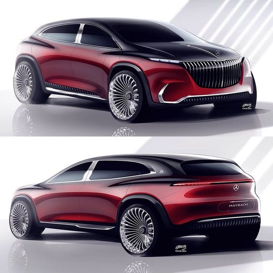 A concept car with a sleek red-and-black design, featuring a distinctive front grille and modern, streamlined exterior.