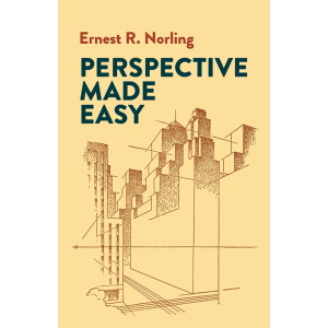 Book cover for "Perspective Made Easy" by Ernest R. Norling, featuring a geometric architectural drawing in brown lines on a yellow background.