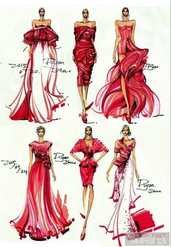 Fashion Design Sketches showcasing six elegant red dress designs with various styles and intricate detailing, each annotated with the designer's name "Ziyan Zhou" and the year "2015.