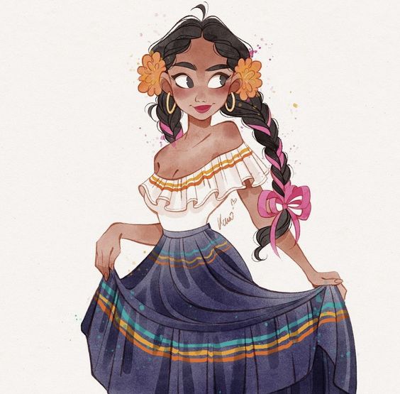 Illustration of a young woman with dark braided hair adorned with flowers, wearing a white off-shoulder blouse and a colorful striped skirt.