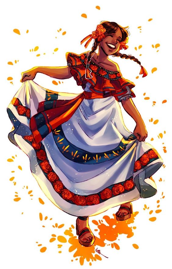 Illustration of a joyful woman twirling in a vibrant, traditional dress with floral patterns, adorned with jewelry and a flower in her braided hair, surrounded by floating autumn leaves.