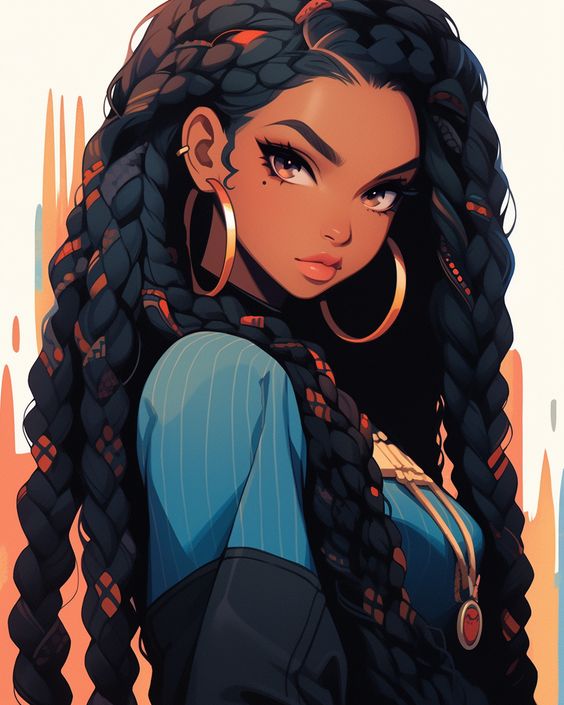 Illustration of a woman with long, black braided hair, wearing large hoop earrings, and detailed blue clothing, looking over her shoulder with a confident expression.