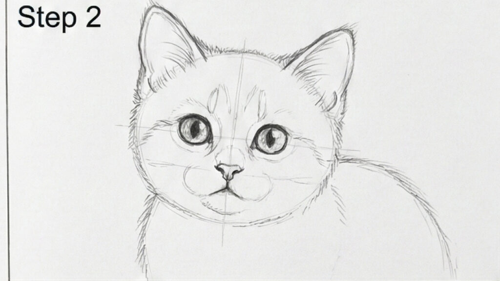 Cat drawing tutorial - Step 2: pencil sketch of a kitten's face and upper body with construction lines, large eyes and rounded cheeks.