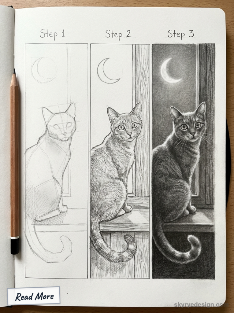Sketchbook step-by-step pencil tutorial: cat on a windowsill under a crescent moon, from rough sketch to detailed shaded drawing.